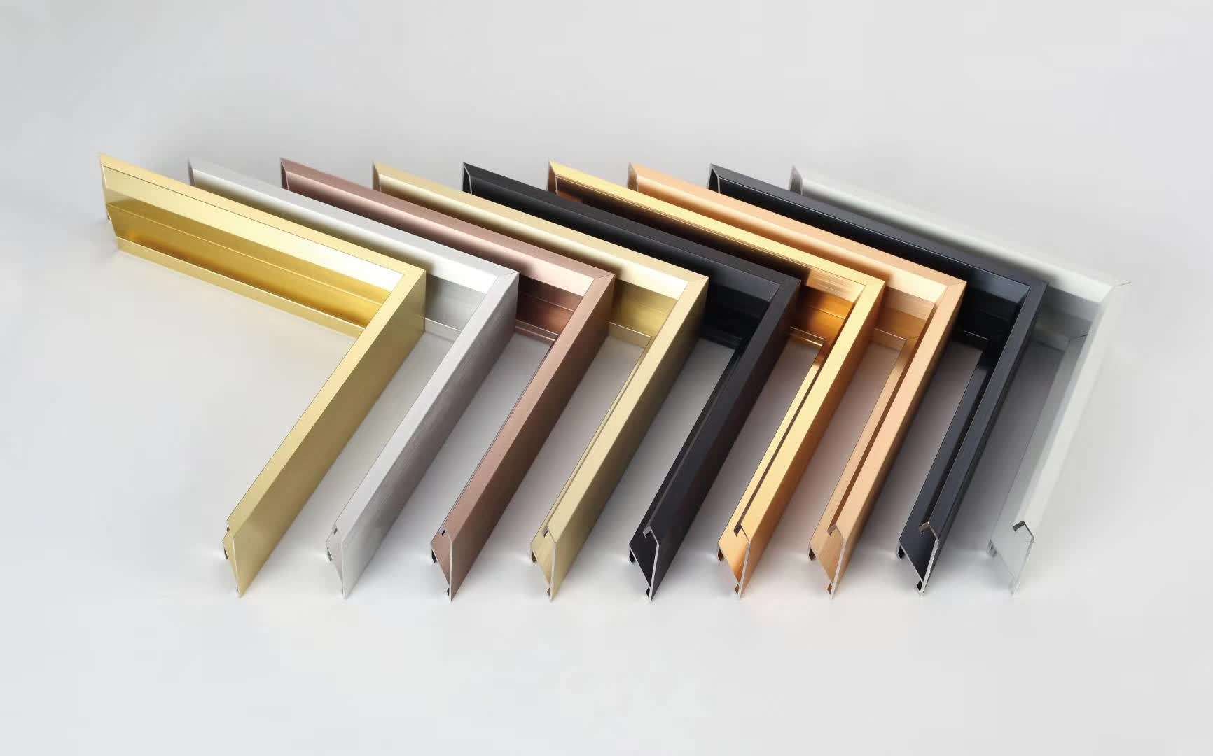 DAMAX aluminium frame corner samples showing different finishes and edge profiles