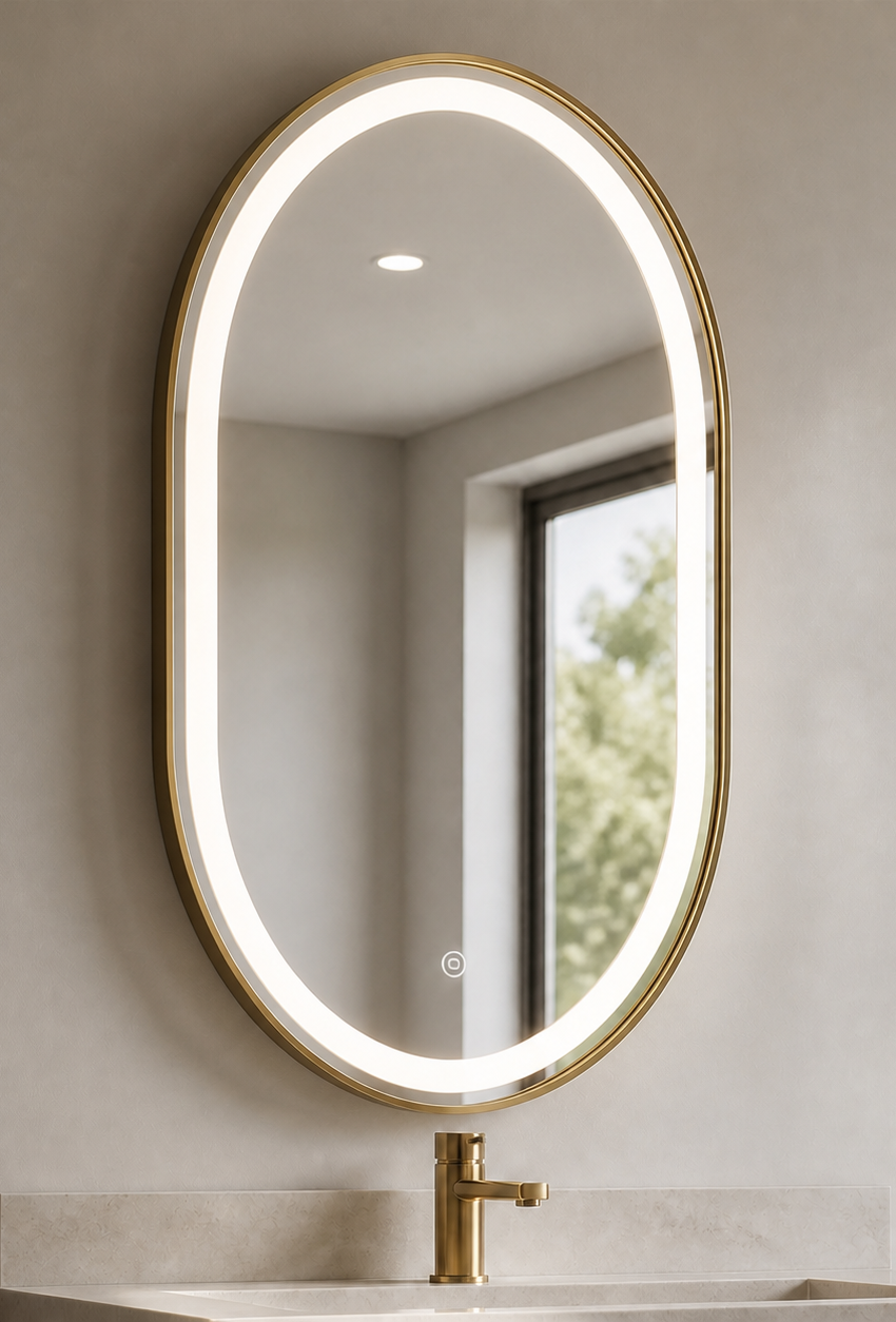 Oval DAMAX mirror with a champagne-gold aluminum frame