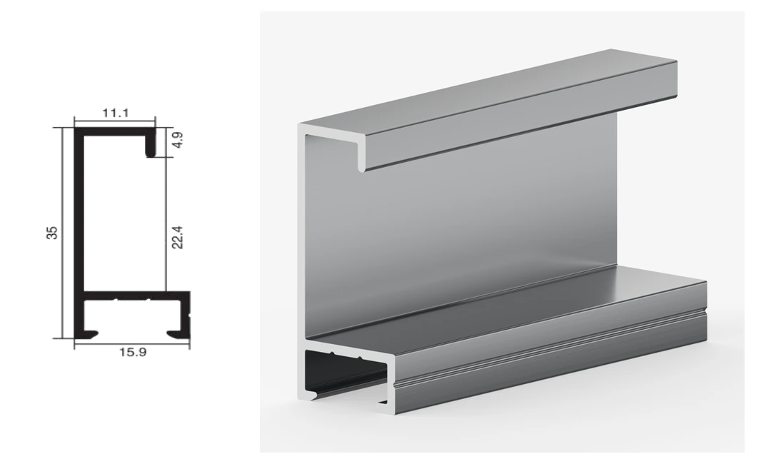 YQ01 aluminum profile technical drawing and 3D rendering