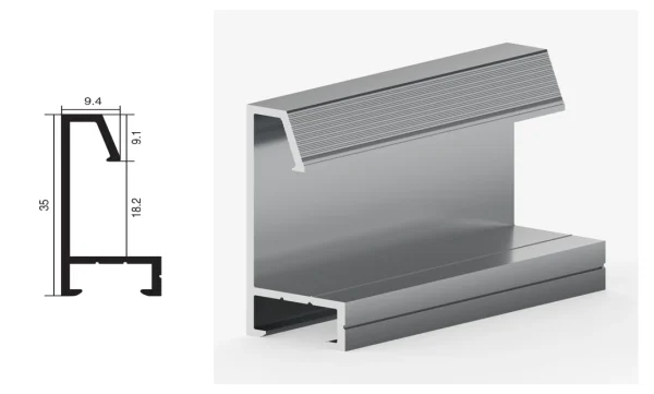 DAMAX YQ02 aluminium profile cross-section drawing and rendering