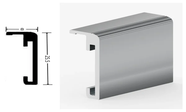 DAMAX YQ025 aluminium profile cross-section drawing and rendering