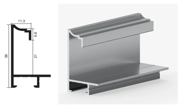 DAMAX YQ08 aluminium profile cross-section drawing and rendering