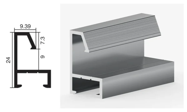 DAMAX YQ09 aluminium profile cross-section drawing and rendering
