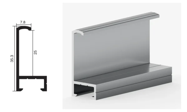 DAMAX YQ14 aluminium profile cross-section drawing and rendering