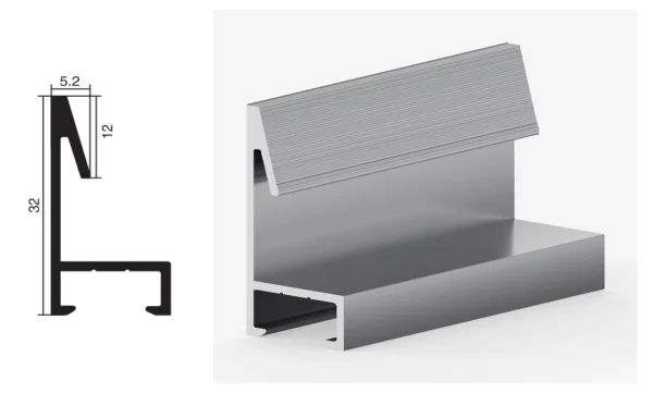DAMAX YQ19 aluminium profile cross-section drawing and rendering