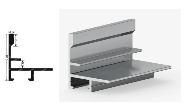DAMAX YQ30 aluminium profile cross-section drawing and rendering