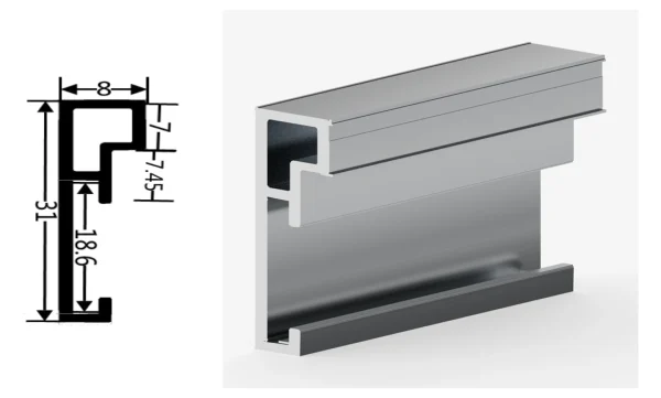 DAMAX YQ36 aluminium profile cross-section drawing and rendering