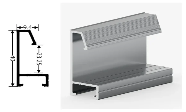 DAMAX YQ38 aluminium profile cross-section drawing and rendering