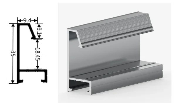 DAMAX YQ42 aluminium profile cross-section drawing and rendering