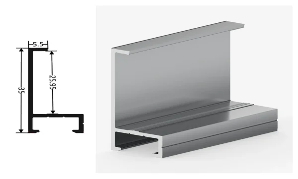 DAMAX YQ45 aluminium profile cross-section drawing and rendering