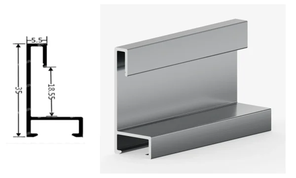 DAMAX YQ46 aluminium profile cross-section drawing and rendering