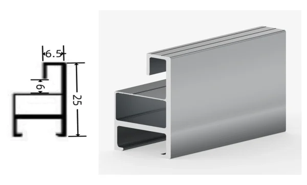 DAMAX YQ65 aluminium profile cross-section drawing and rendering