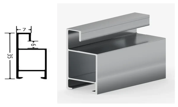 DAMAX YQ73 aluminium profile cross-section drawing and rendering