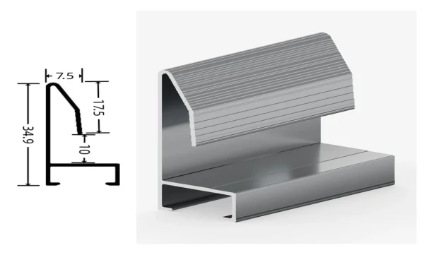 DAMAX YQ75 aluminium profile cross-section drawing and rendering