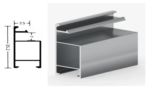 DAMAX YQ82 aluminium profile cross-section drawing and rendering
