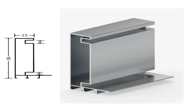 DAMAX YQ90 aluminium profile cross-section drawing and rendering