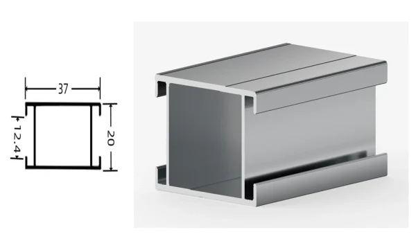 DAMAX YQ93 aluminium profile cross-section drawing and rendering