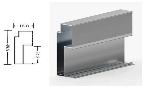 DAMAX YQ94 aluminium profile cross-section drawing and rendering